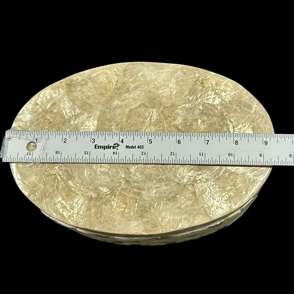Vtg Unique Capiz Shell Oval Trinket Jewelry Makeup Box Nautical Beach Decor